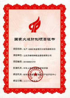 我公司金银片幻彩饰面纸项目被列入国家火炬计划项目